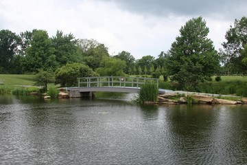 Fototapeta na wymiar The wood footbridge in the peaceful park on a cloudy day.