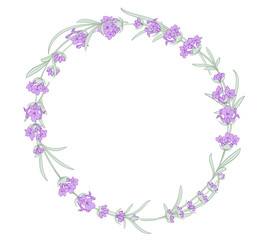 Obraz na płótnie Canvas The lavender elegant card with frame of flowers. Lavender wreath for your text presentation. Label with violet flowers.