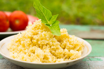Cooked Bulgur Rice with Quinoa in Plate Ready to Eat. / Bulghur for Pilav or Pilaf