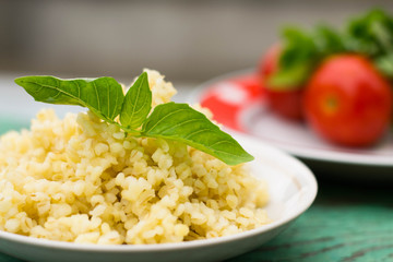 Cooked Bulgur Rice with Quinoa in Plate Ready to Eat. / Bulghur for Pilav or Pilaf