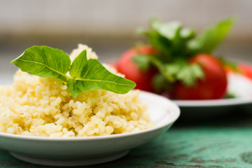 Cooked Bulgur Rice with Quinoa in Plate Ready to Eat. / Bulghur for Pilav or Pilaf