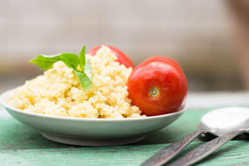 Cooked Bulgur Rice with Quinoa in Plate Ready to Eat. / Bulghur for Pilav or Pilaf