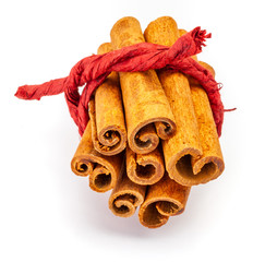 Bunch of cinnamon on branch delicately tied with red rope insolated on white background