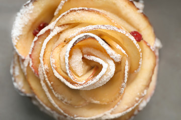 Tasty rose shaped apple pastry, closeup