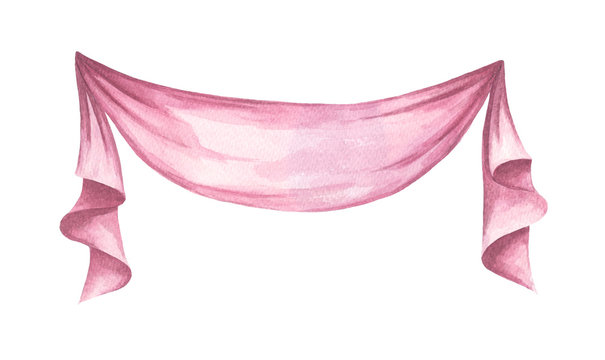 Pink Drapery, Vintage Curtain, Cloth Banner. Isolated On White Background. Watercolor Illustration