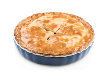 Tasty homemade apple pie on white background