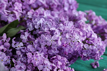 Obraz premium Beautiful blossoming lilac on table, closeup