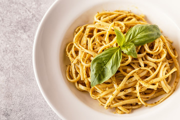 Pasta with homemade pesto sauce.