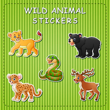 Illustration of cute cartoon wild animals on stikers