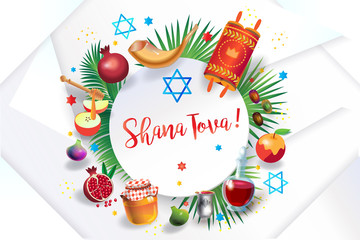 Rosh Hashanah greeting card - Happy Jewish New Year. Text "Shana Tova!" on Hebrew. Honey and apple, shofar, pomegranate, Torah - traditional symbols. Rosh hashana, sukkot festival Israel Holiday.
