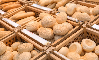 Tasty fresh bakery with sesame seeds in shop