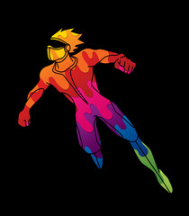 Superhero flying action, Cartoon superhero man jumping graphic vector.