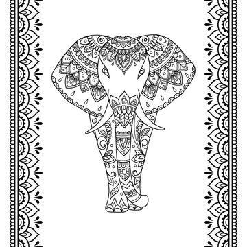 Set of Mehndi African elephant with ethnic floral vintage pattern and  seamless border for Henna drawing and tattoo. Hand drawn decorative doodle  animal in oriental, Indian style. Stock Vector | Adobe Stock