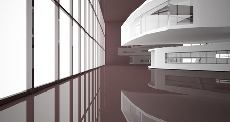 bstract white and brown interior multilevel public space with window. 3D illustration and rendering.