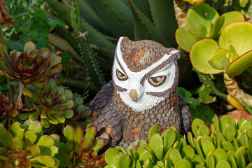 Owl statue sitting between the flowers