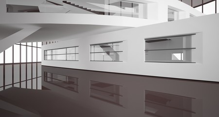 bstract white and brown interior multilevel public space with window. 3D illustration and rendering.