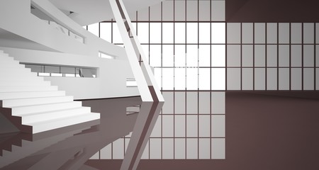 bstract white and brown interior multilevel public space with window. 3D illustration and rendering.