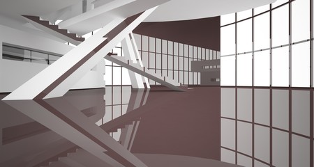 Fototapeta premium Abstract white and brown interior multilevel public space with window. 3D illustration and rendering.