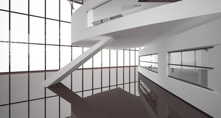 Abstract white and brown interior multilevel public space with window. 3D illustration and rendering.
