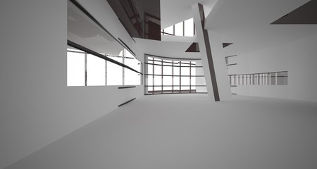 Abstract white and brown interior multilevel public space with window. 3D illustration and rendering.