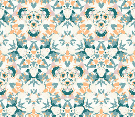 Kaleidoscope seamless pattern, background. Composed of colored abstract shapes. Useful as design element for texture and artistic compositions.