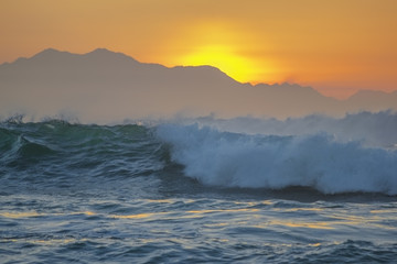 Beautiful sunset with the view of a wild sea in the cantabrian sea of ​​Spain.