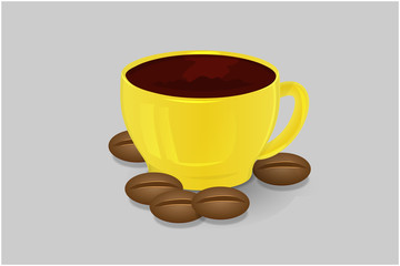 Cup of coffee yellow and coffee beans isolate 3d vector