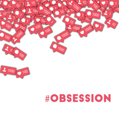 Obsession. Social media icons in abstract shape background with counter, comment and friend