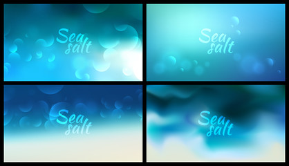 aqua blurred background set 4 wide blurred nature blue turquoise backgrounds with sign Sea salt.
