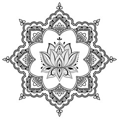 Circular pattern in form of mandala with Lotus flower for Henna, Mehndi, tattoo, decoration. Decorative ornament in ethnic oriental style. Coloring book page.