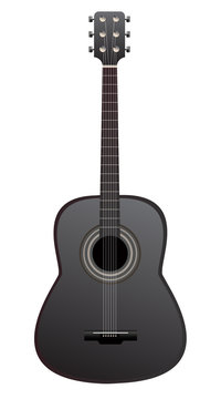 Vector illustration of black classic acoustic guitar isolated on white background. Musical instrument.