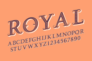 Royal letters and numbers in old english vintage style. Isolated english alphabet.