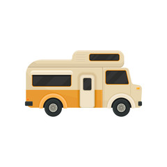 Flat vector icon of orange camper van. Trailer for family journey. Transport with black tinted windows