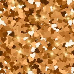 Glitter seamless texture. Actual red gold particles. Endless pattern made of sparkling hearts. Tempt