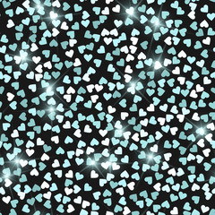 Glitter seamless texture. Actual mint particles. Endless pattern made of sparkling hearts. Overwhelm