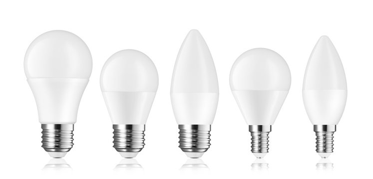 Different kinds of light bulb LED isolated on white background
