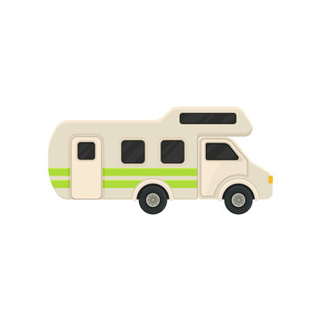 Large camper van with bright green stripes. Comfort home of wheels. Recreational vehicle. Flat vector design