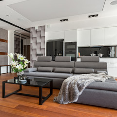 Black coffee table and couch