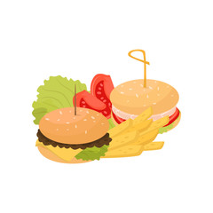 Two burgers, french fries and tomatoes, fast food dish vector Illustration on a white background