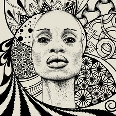 African woman with African in beads, tribal background. Beautiful black woman.  Vector illustration - 216117211
