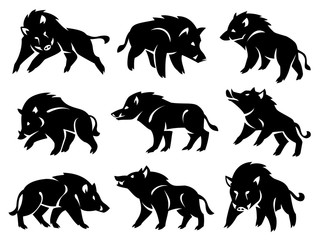 Illustration of the silhouette of a wild boar. Vector set of black figures on a white background.