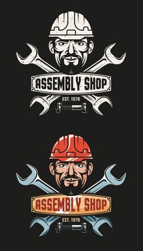  Vintage emblem of the workshop - crossed wrenches and a worker's head in a hardhat. Grunge texture on a separate layer