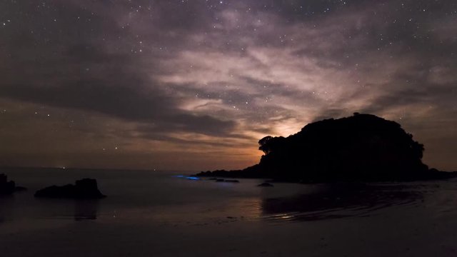 A time-lapse of the moon light rising over an ocean at night with the milk-way galaxy on display and the blue glow of luminescent plankton in the water.