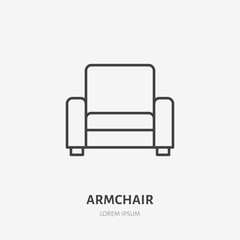 Armchair flat line icon. Apartment furniture sign, vector illustration of living room chair. Thin linear logo for interior store.