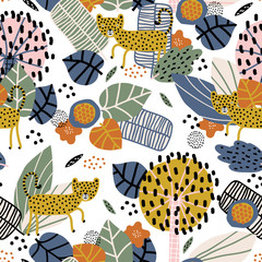 Seamless pattern with cute leopard and tropical plants. Vector texture in childish style great for fabric and textile, wallpapers, backgrounds. Creative jungle childish texture.
