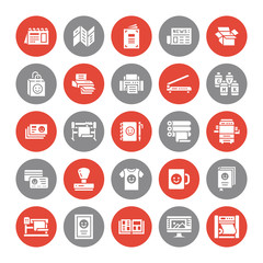 Printing house flat glyph icons. Print shop equipment - printer, scanner, offset machine, plotter, brochure, rubber stamp. Silhouette signs for polygraphy office, typography.