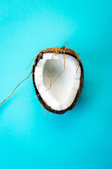 coconut on blue background, banner, copy space