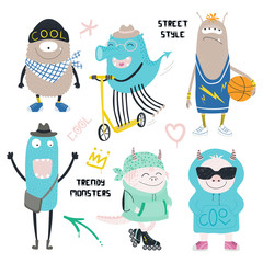 Set of cute funny different modern city monsters in street style clothes, with text, graffiti tags. Isolated objects on white background. Hand drawn vector illustration. Design concept children print.