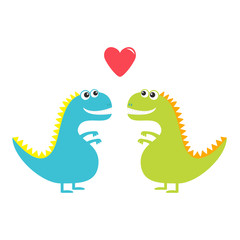 Dinosaur love couple set isolated on white background. Red heart. Happy Valentines Day. Love card. Cute cartoon funny dino baby character. Flat design. Blue and green color.