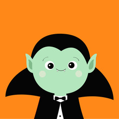 Count Dracula headwearing black and red cape. Cute cartoon vampire character. Green sad face with fangs. Happy Halloween. Greeting card. Flat design. Orange background. Isolated.